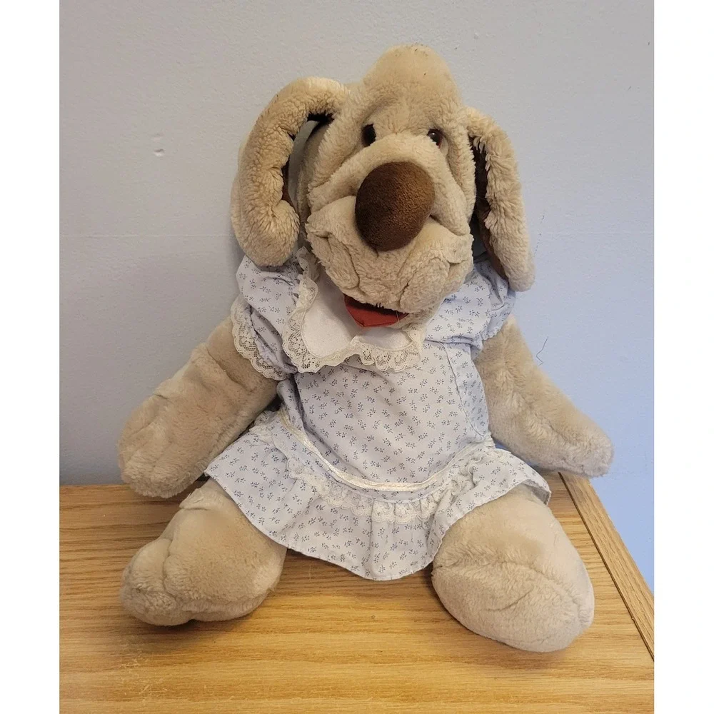 Vintage Wrinkles Dog Plush Puppet Lot of 3 Ganz Bros Tan Grey 1980s ID Tags